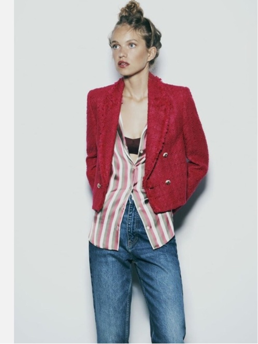 ZARA Fuchsia Pink Tweed Double-Breasted Cropped Blazer Lined Size Medium